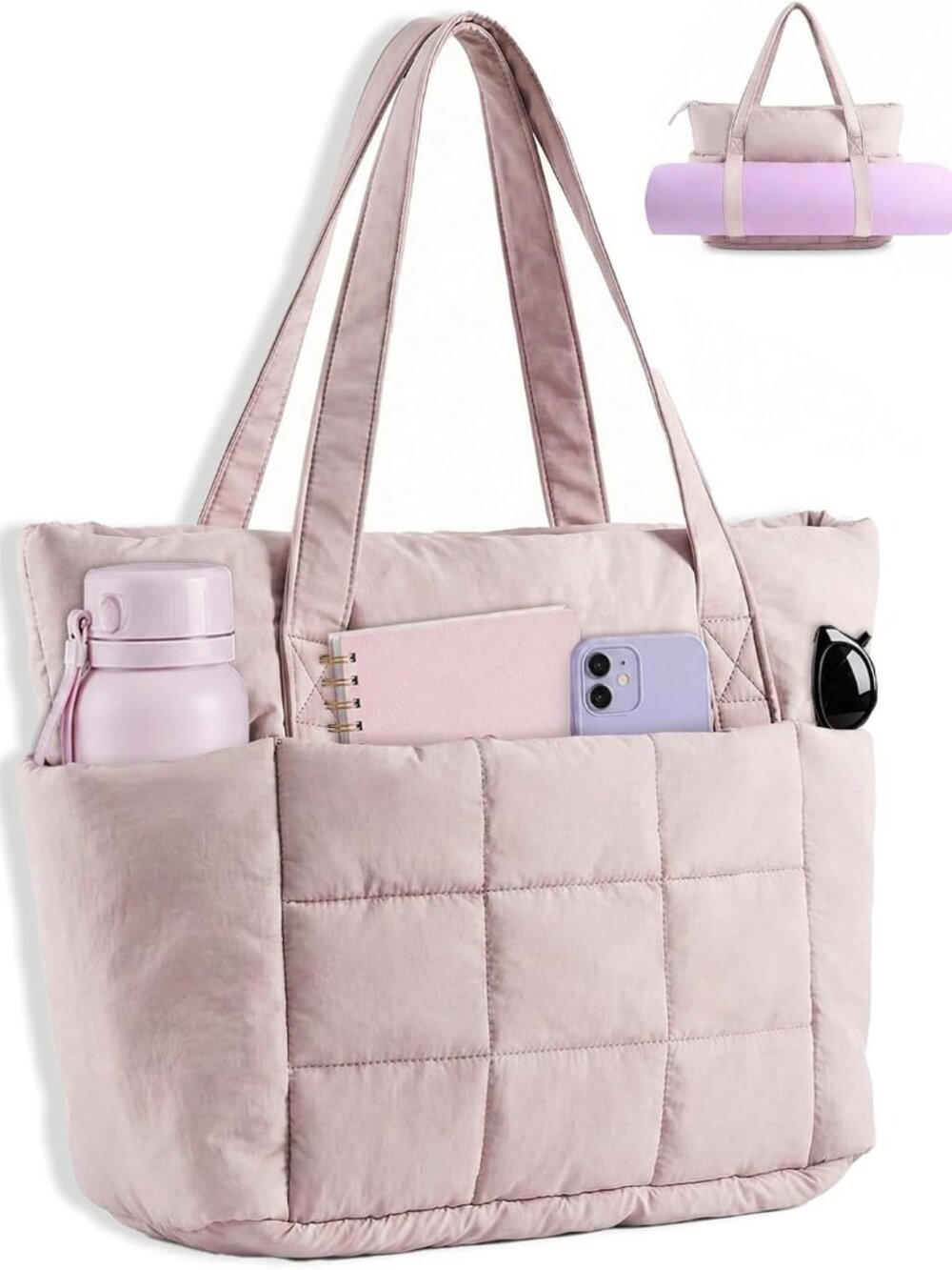 Puffer Tote Bag for Women, Quilted Work Handbag with Compartments, Puffy Shoulde